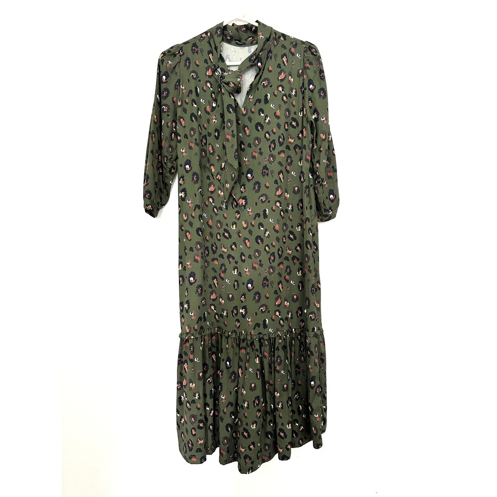 Brooke Wright Dress Womens XS/S Midi Olive Green Leopard Print Bow Neck Ruffle